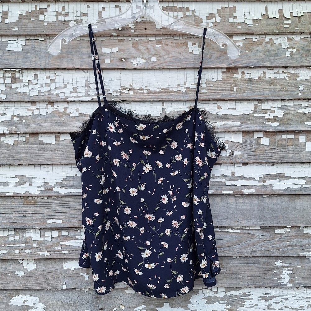 Heartloom Floral Lace Trim Tank Top - Navy and White